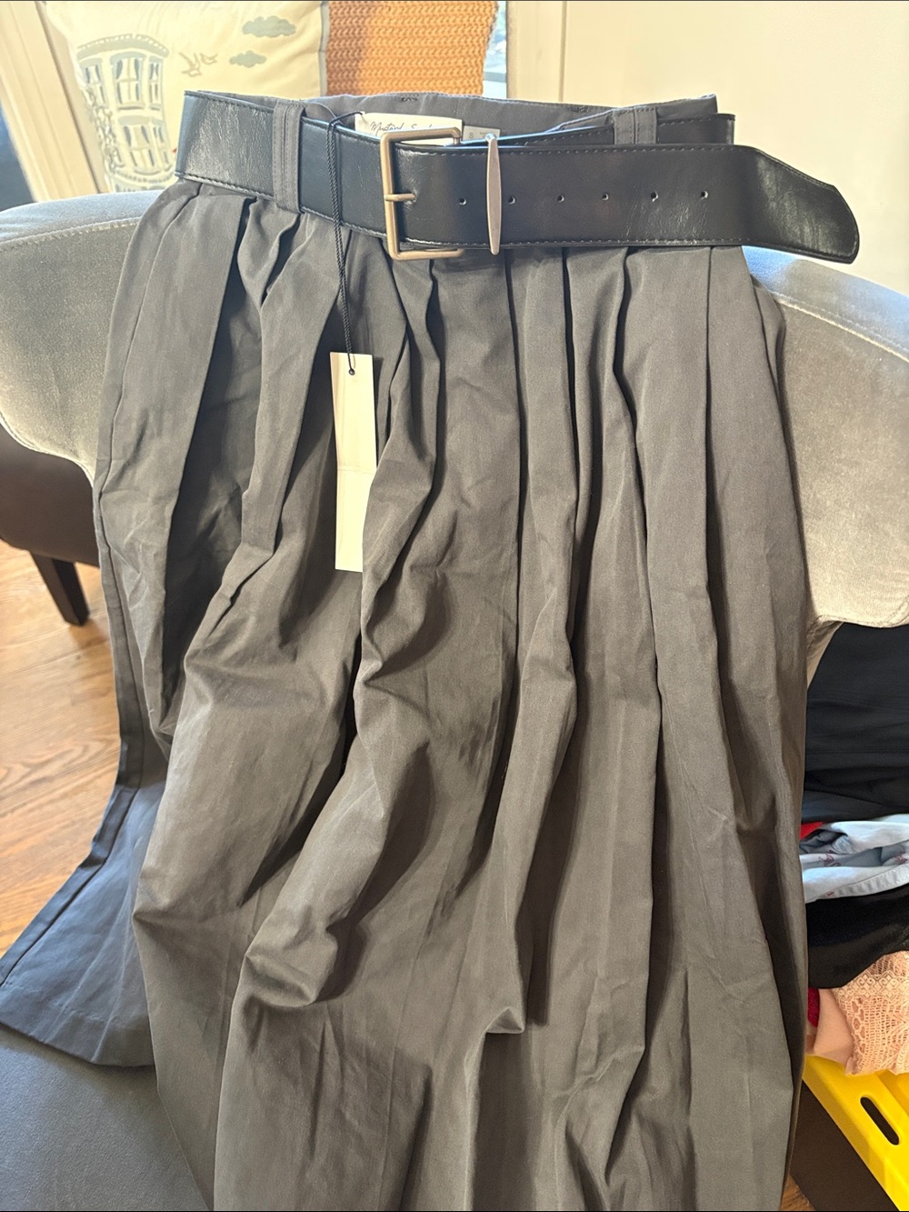 Mustard Seed Black Pleated Midi Skirt with Belt